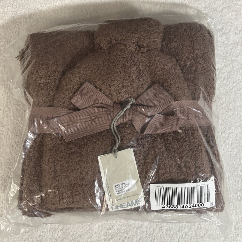 Barefoot Dreams CozyChic Beanie Pom Pom & Scarf Set Chestnut Warm Winter